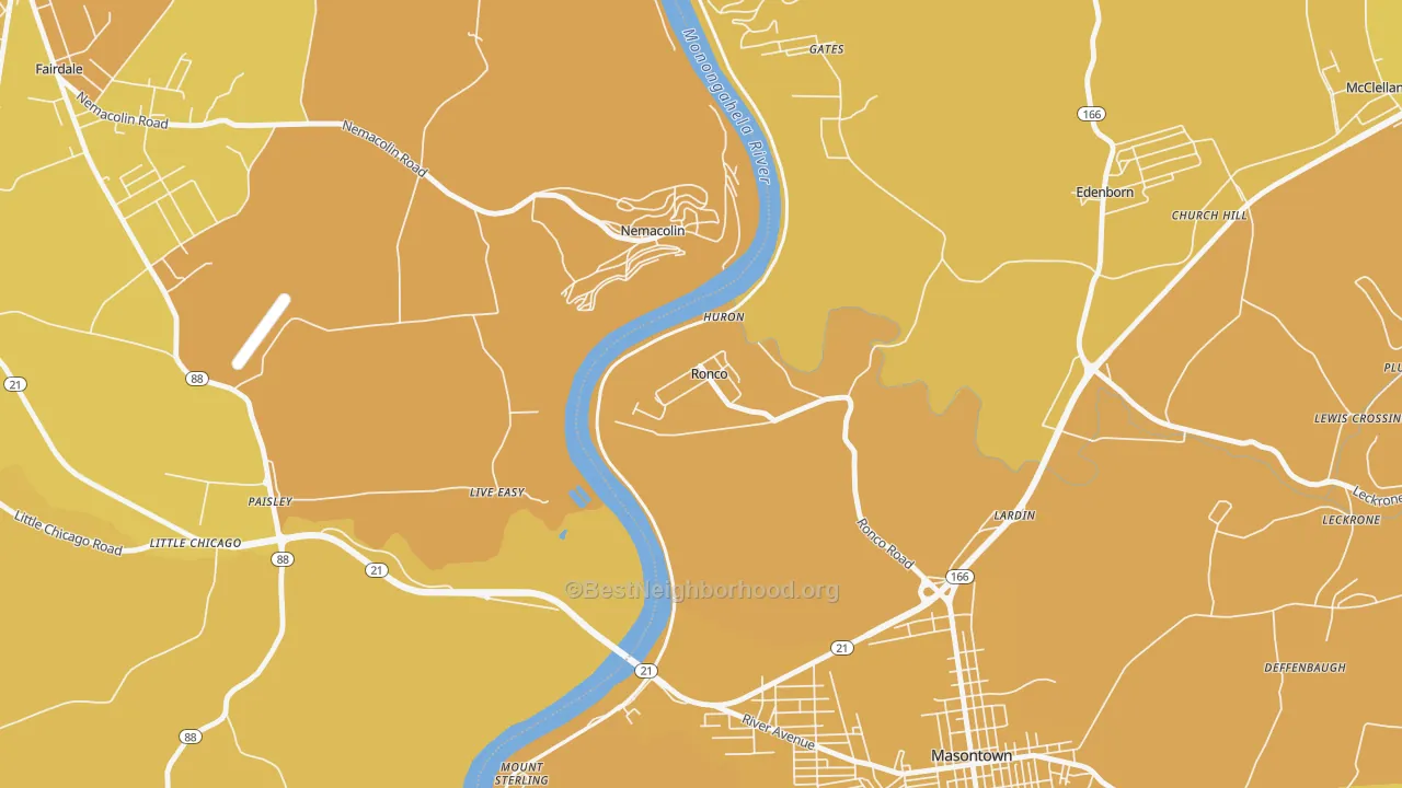 Map of the best neighborhoods in the 15476 area, with better matches in green and worse matches in red