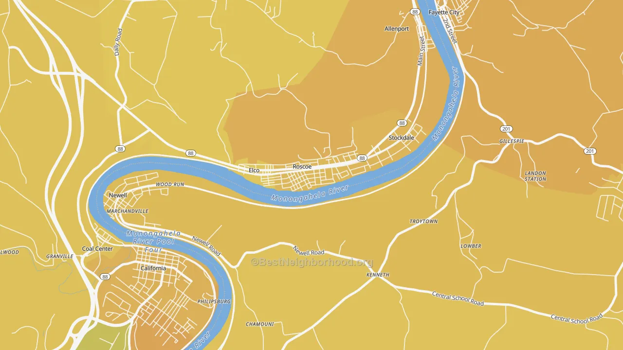 Map of the best neighborhoods in the 15477 area, with better matches in green and worse matches in red