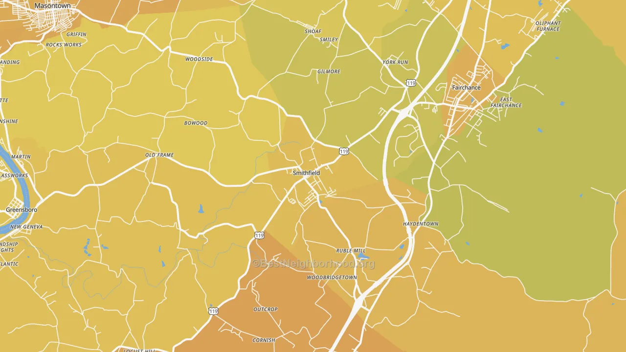Map of the best neighborhoods in the 15478 area, with better matches in green and worse matches in red