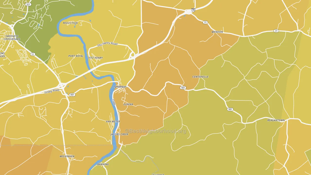 Map of the best neighborhoods in the 15479 area, with better matches in green and worse matches in red