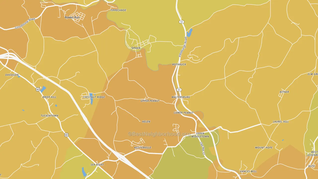 Map of the best neighborhoods in the 15480 area, with better matches in green and worse matches in red