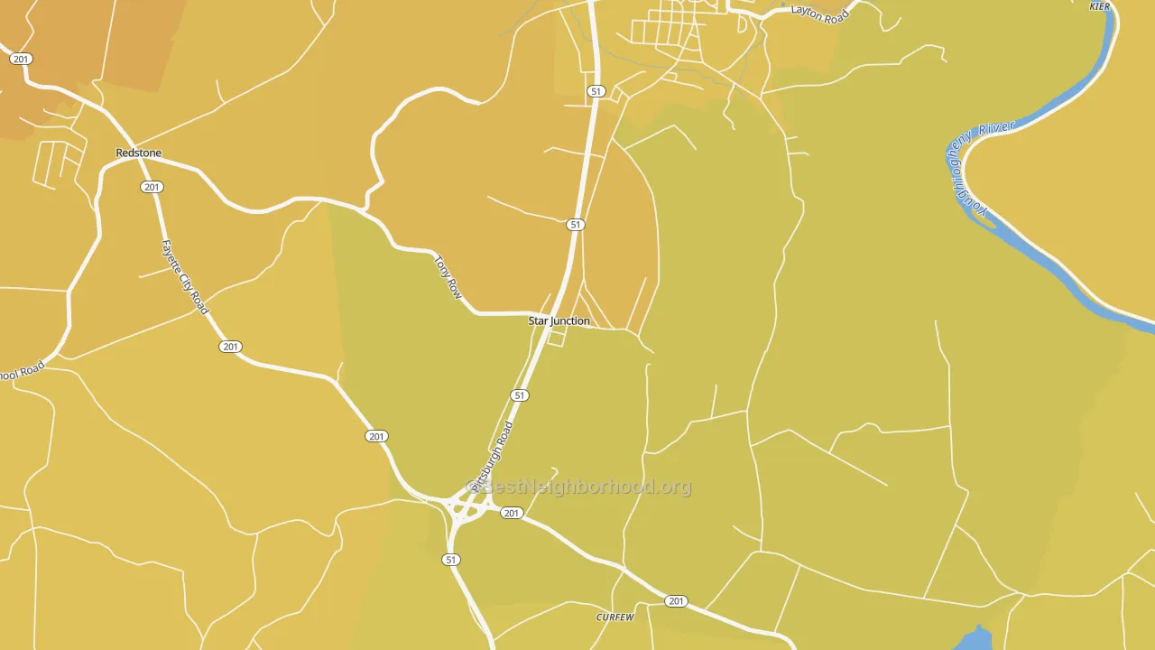 Map of the best neighborhoods in the 15482 area, with better matches in green and worse matches in red