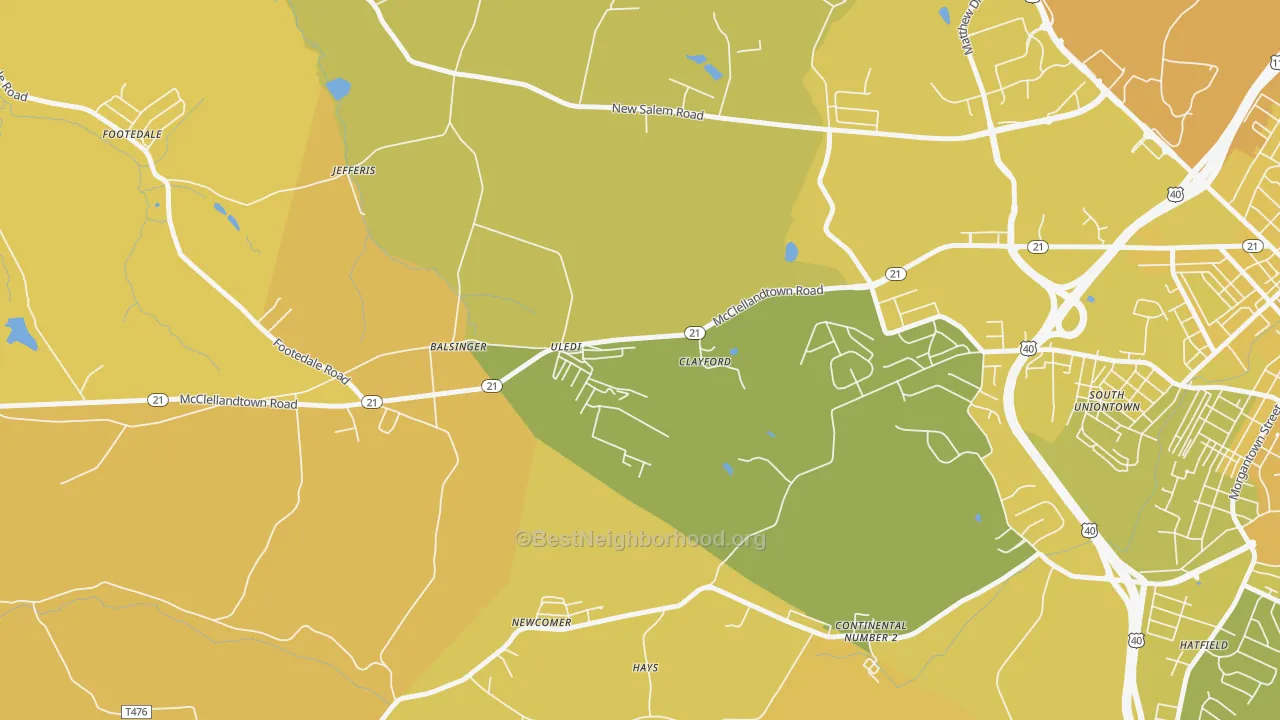 Map of the best neighborhoods in the 15484 area, with better matches in green and worse matches in red