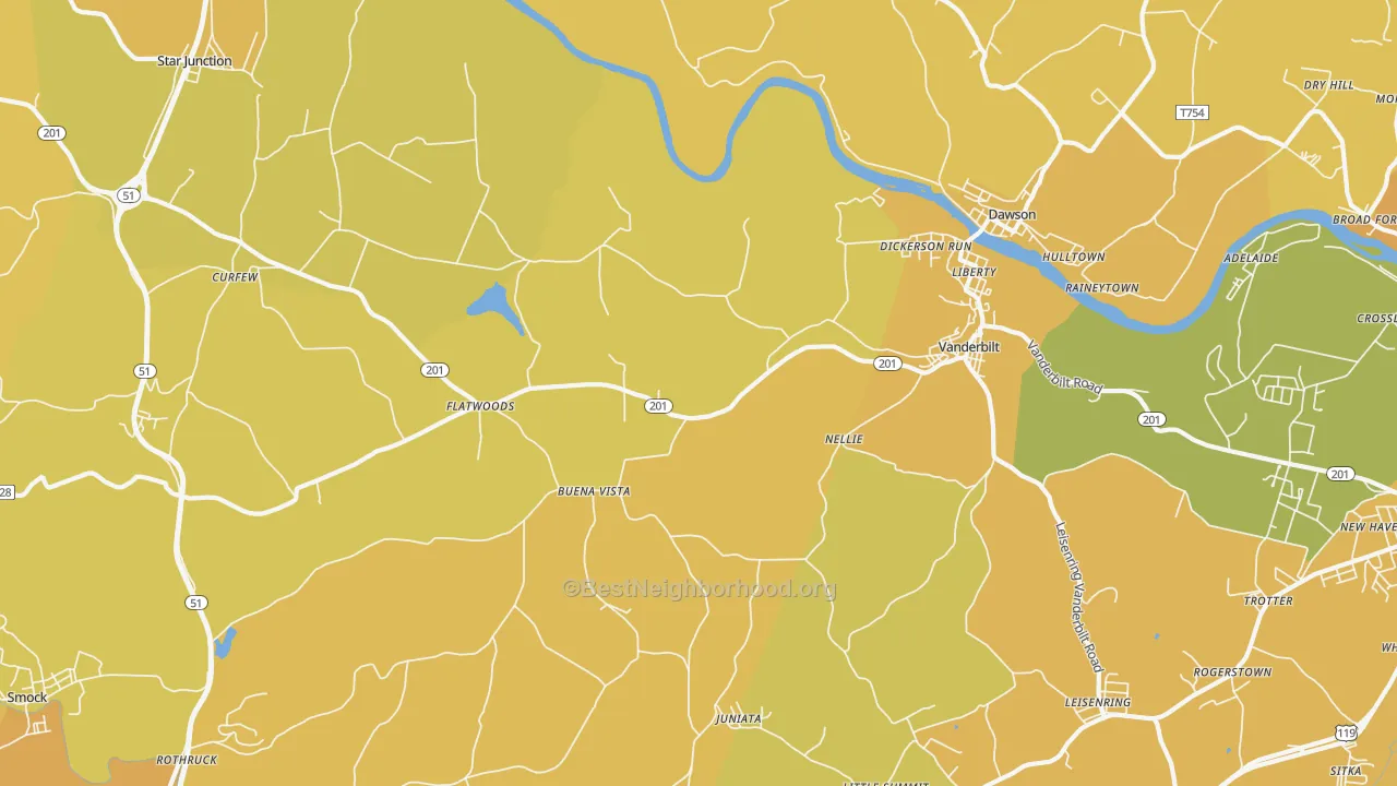 Map of the best neighborhoods in the 15486 area, with better matches in green and worse matches in red
