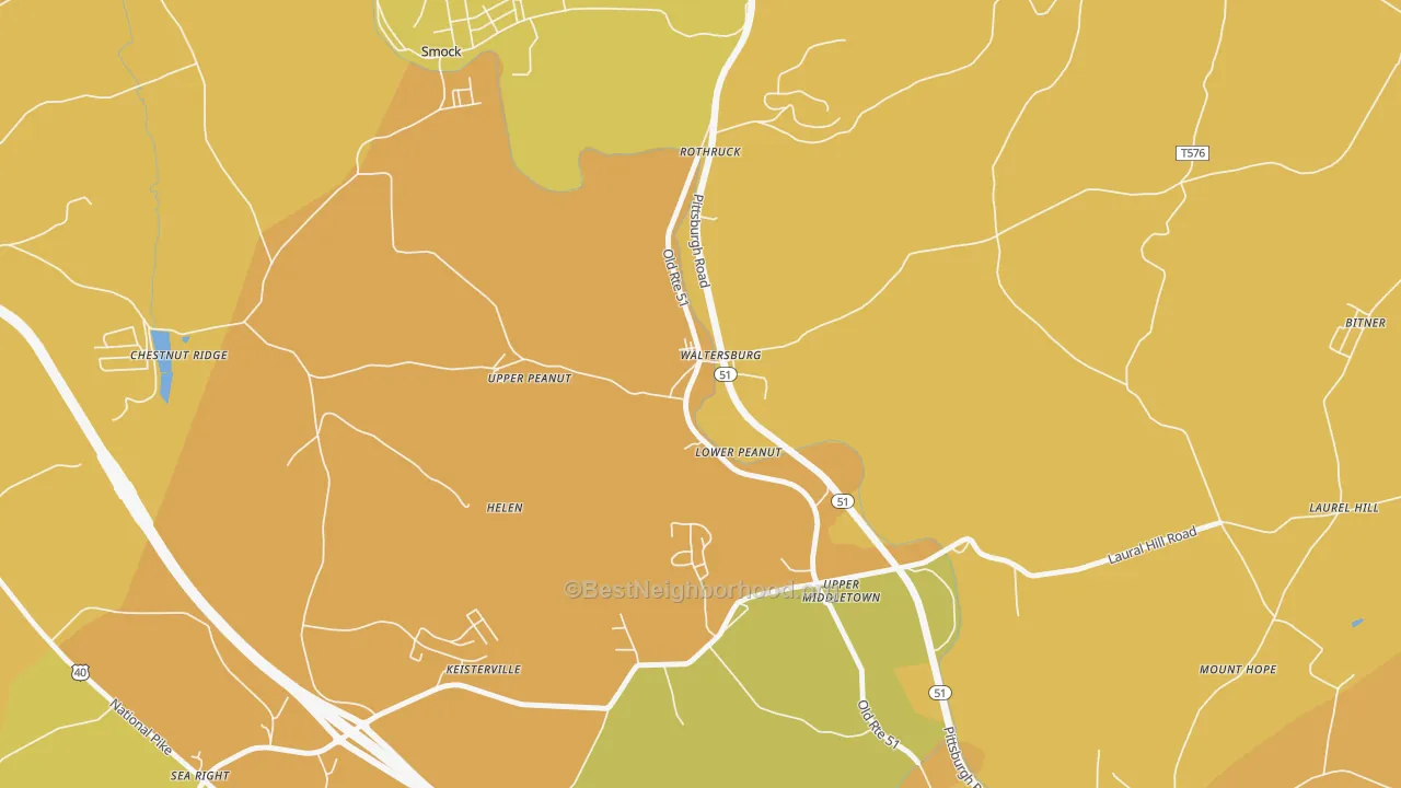 Map of the best neighborhoods in the 15488 area, with better matches in green and worse matches in red