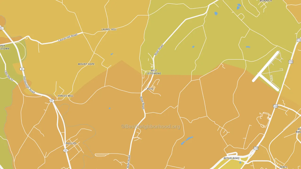 Map of the best neighborhoods in the 15489 area, with better matches in green and worse matches in red