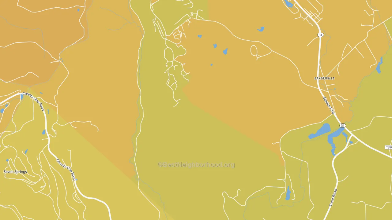 Map of the best neighborhoods in the 15502 area, with better matches in green and worse matches in red