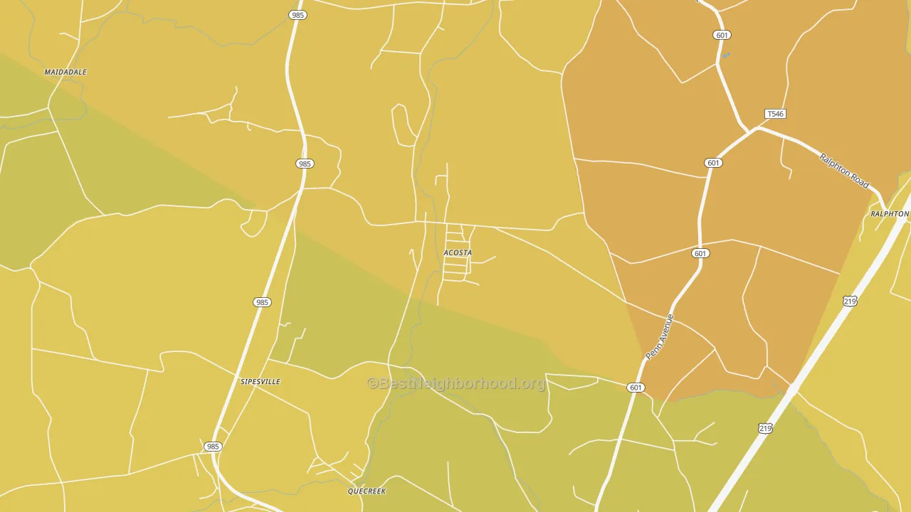 Map of the best neighborhoods in the 15520 area, with better matches in green and worse matches in red