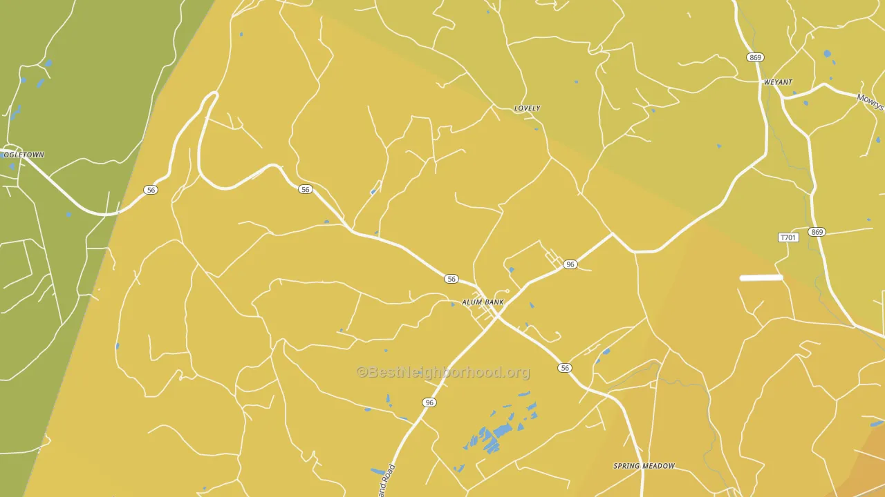 Map of the best neighborhoods in the 15521 area, with better matches in green and worse matches in red