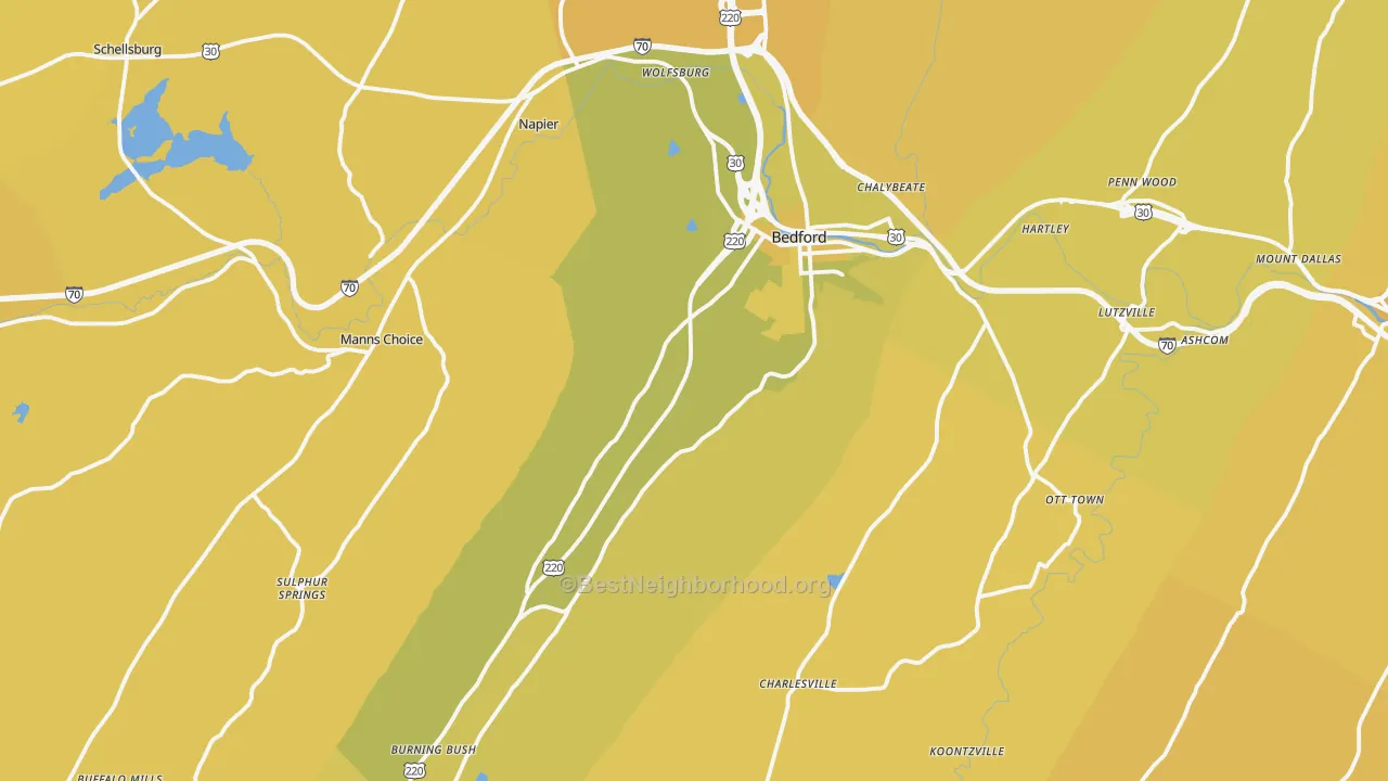 Map of the best neighborhoods in the 15522 area, with better matches in green and worse matches in red