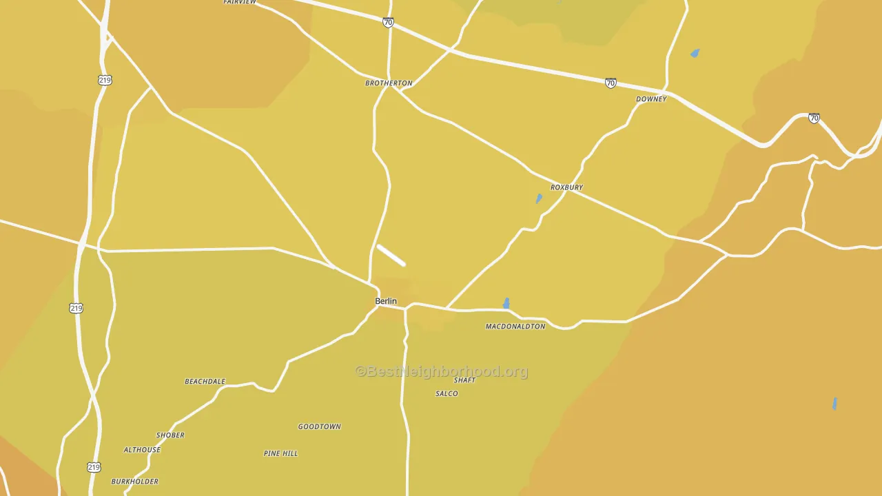 Map of the best neighborhoods in the 15530 area, with better matches in green and worse matches in red