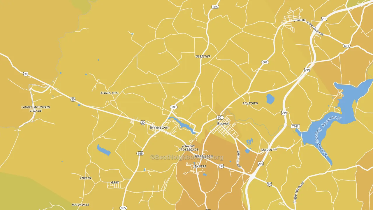 Map of the best neighborhoods in the 15531 area, with better matches in green and worse matches in red