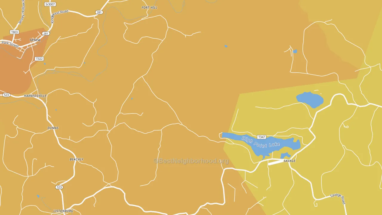Map of the best neighborhoods in the 15540 area, with better matches in green and worse matches in red