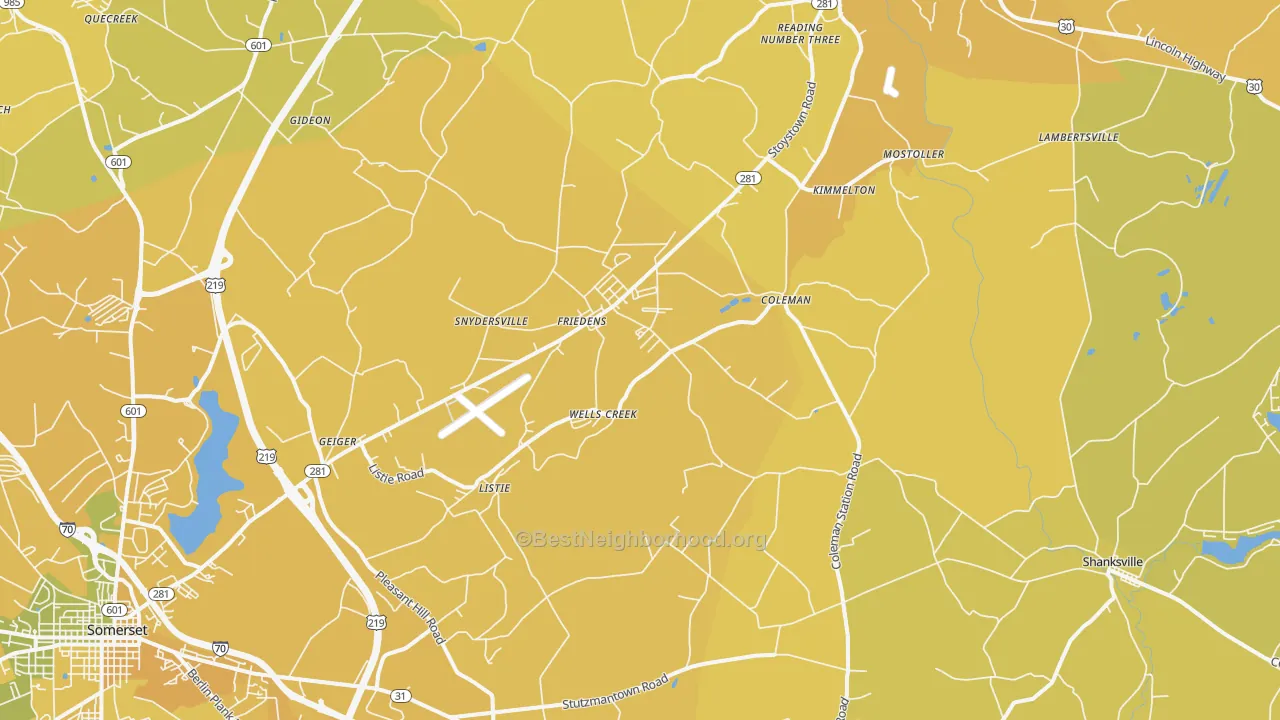 Map of the best neighborhoods in the 15541 area, with better matches in green and worse matches in red