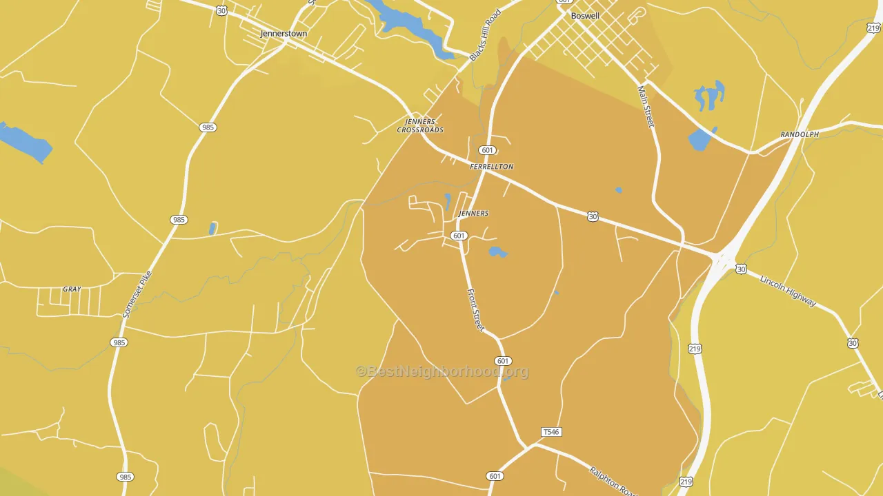 Map of the best neighborhoods in the 15546 area, with better matches in green and worse matches in red