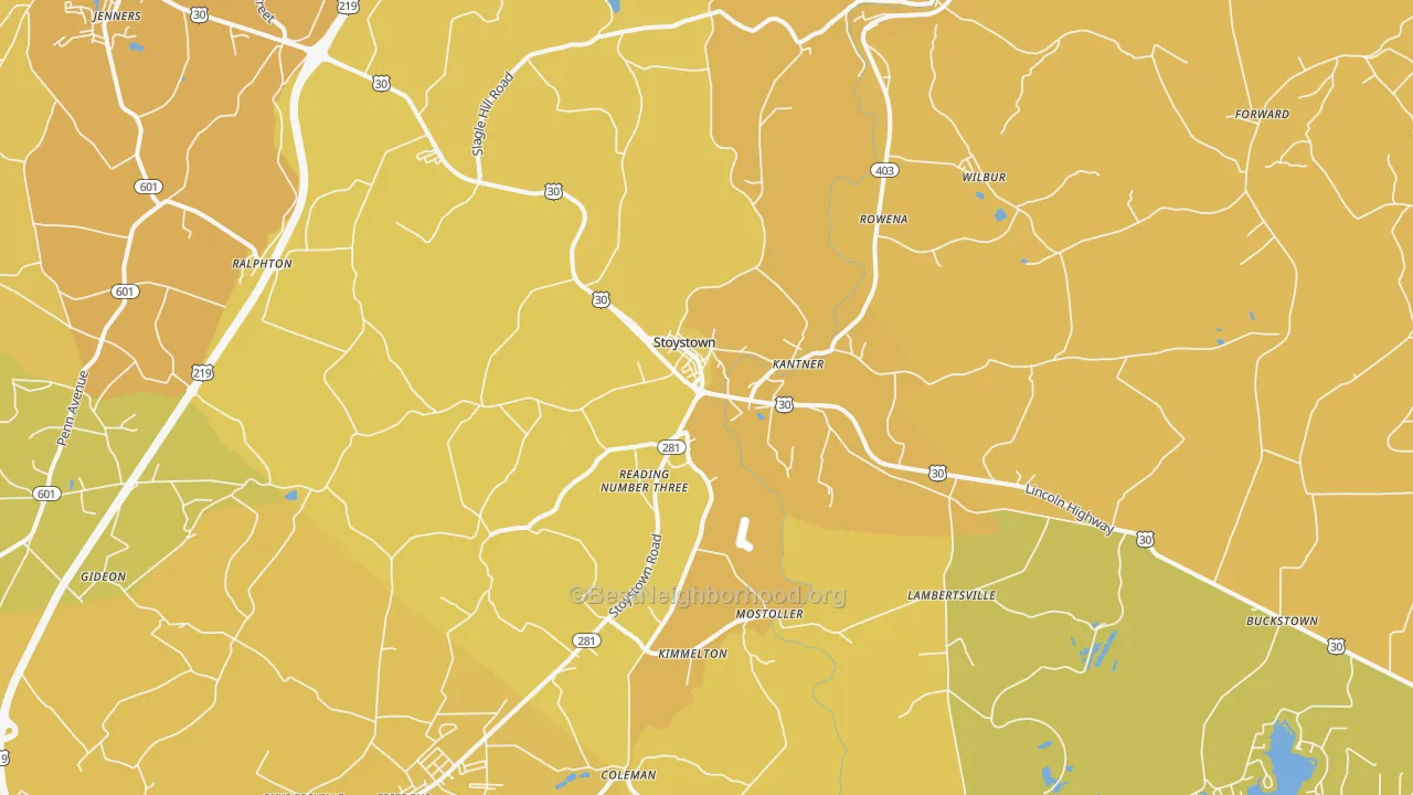 Map of the best neighborhoods in the 15563 area, with better matches in green and worse matches in red