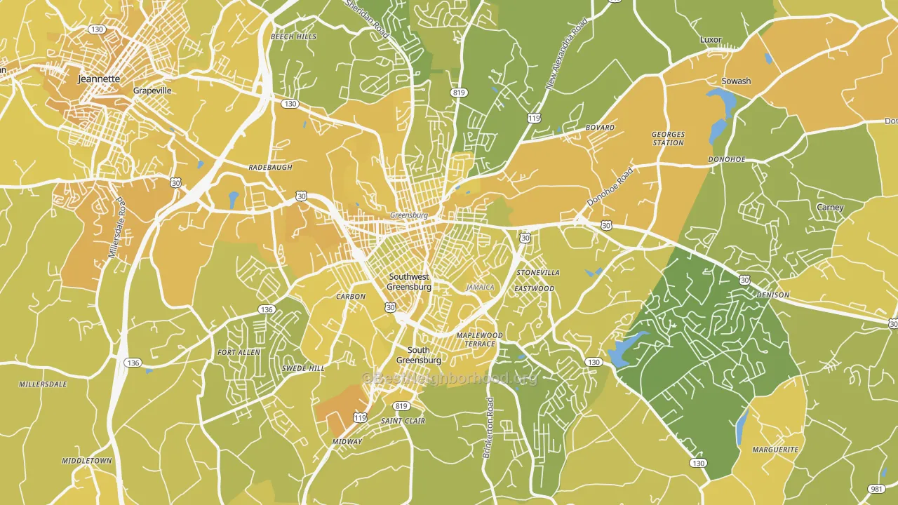 Map of the best neighborhoods in the 15601 area, with better matches in green and worse matches in red
