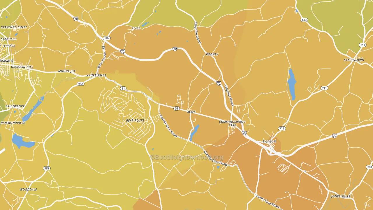 Map of the best neighborhoods in the 15610 area, with better matches in green and worse matches in red