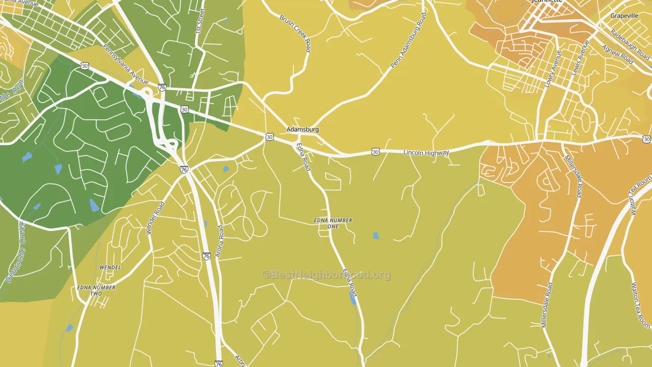 Map of the best neighborhoods in the 15611 area, with better matches in green and worse matches in red