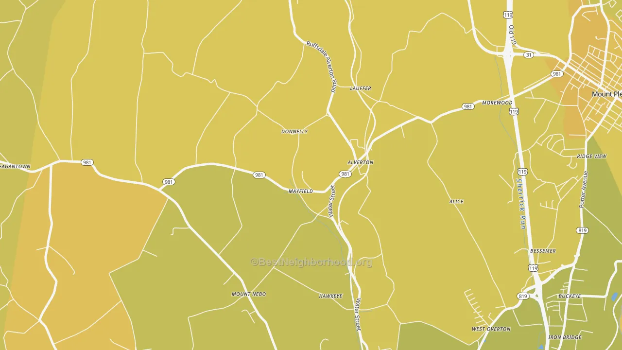 Map of the best neighborhoods in the 15612 area, with better matches in green and worse matches in red