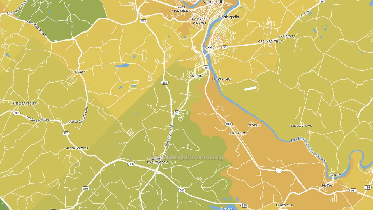 Map of the best neighborhoods in the 15613 area, with better matches in green and worse matches in red