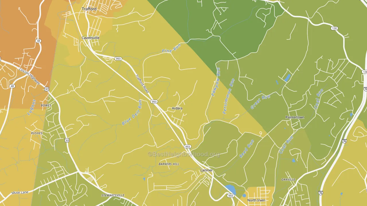 Map of the best neighborhoods in the 15615 area, with better matches in green and worse matches in red
