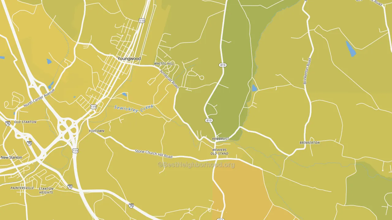 Map of the best neighborhoods in the 15616 area, with better matches in green and worse matches in red