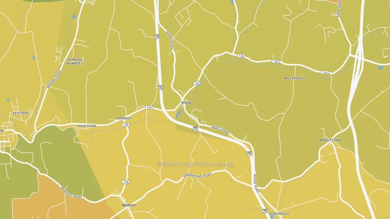 Map of the best neighborhoods in the 15617 area, with better matches in green and worse matches in red