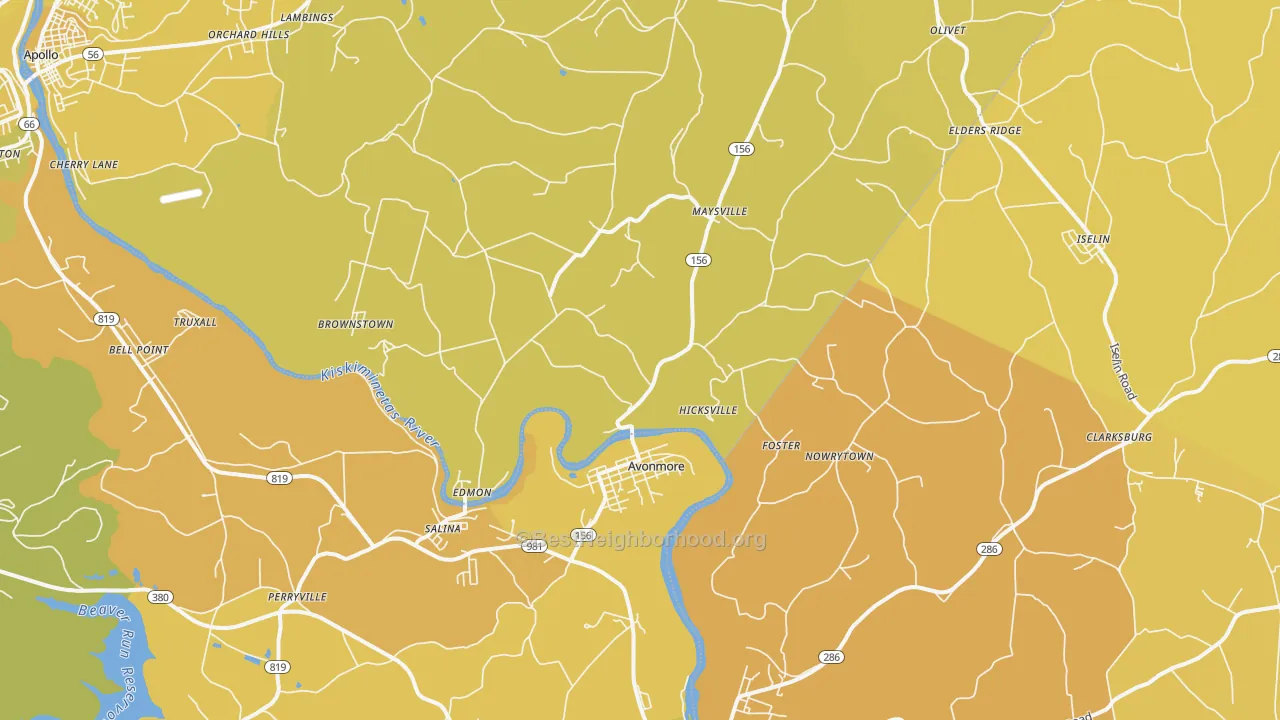 Map of the best neighborhoods in the 15618 area, with better matches in green and worse matches in red