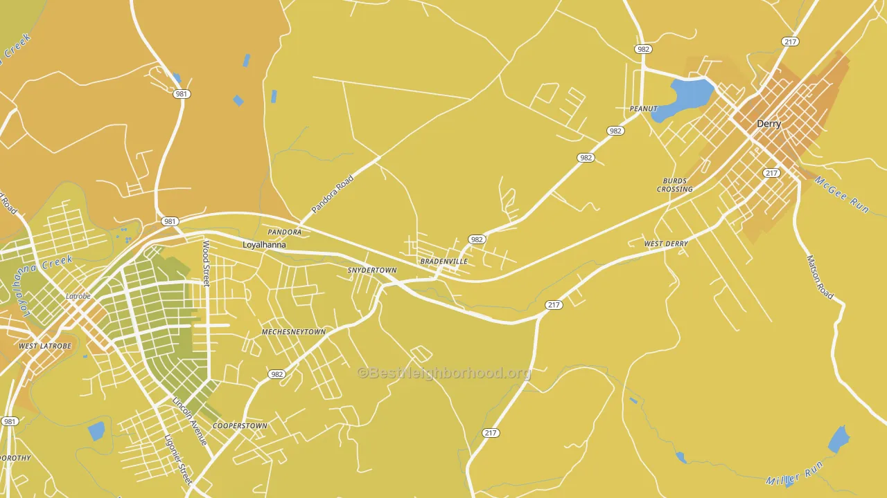 Map of the best neighborhoods in the 15620 area, with better matches in green and worse matches in red