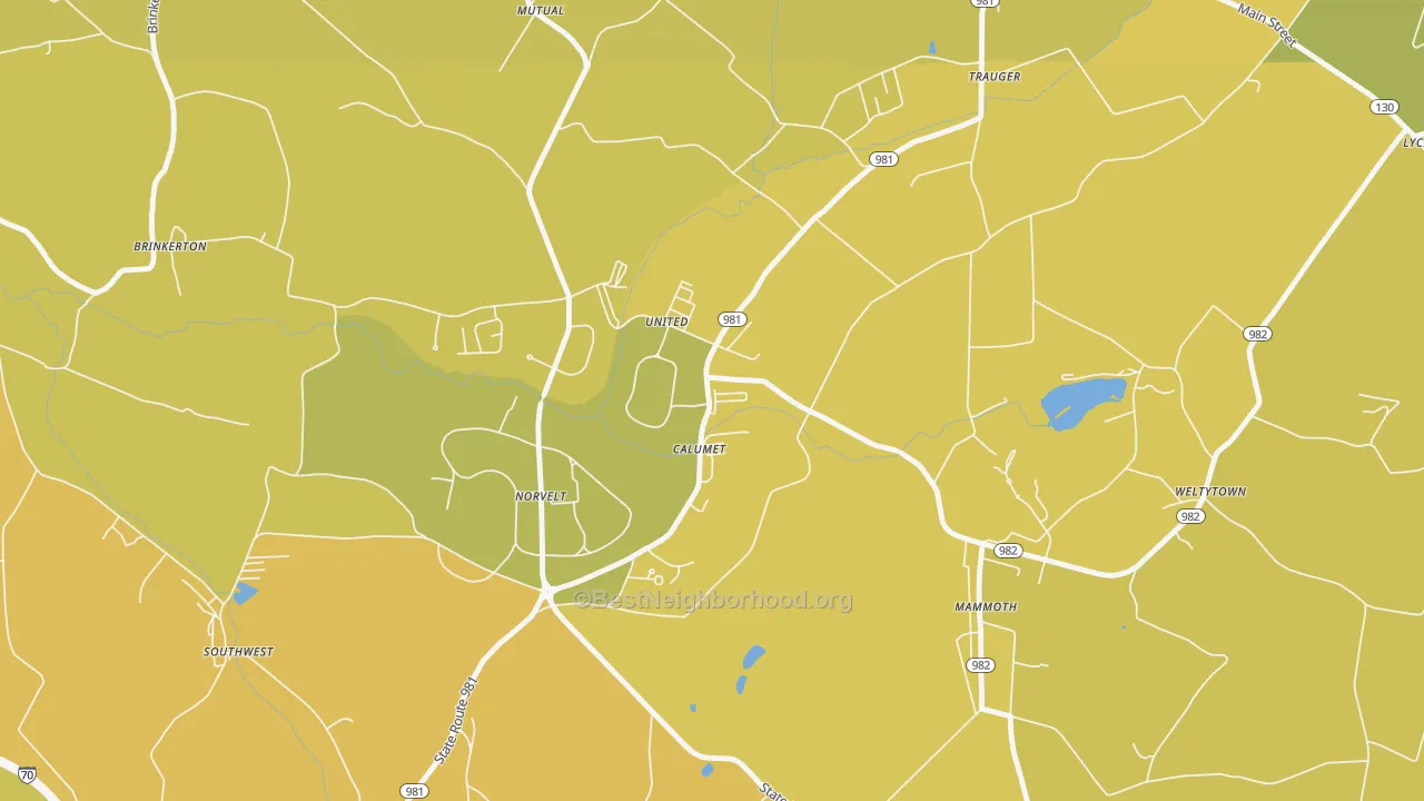 Map of the best neighborhoods in the 15621 area, with better matches in green and worse matches in red