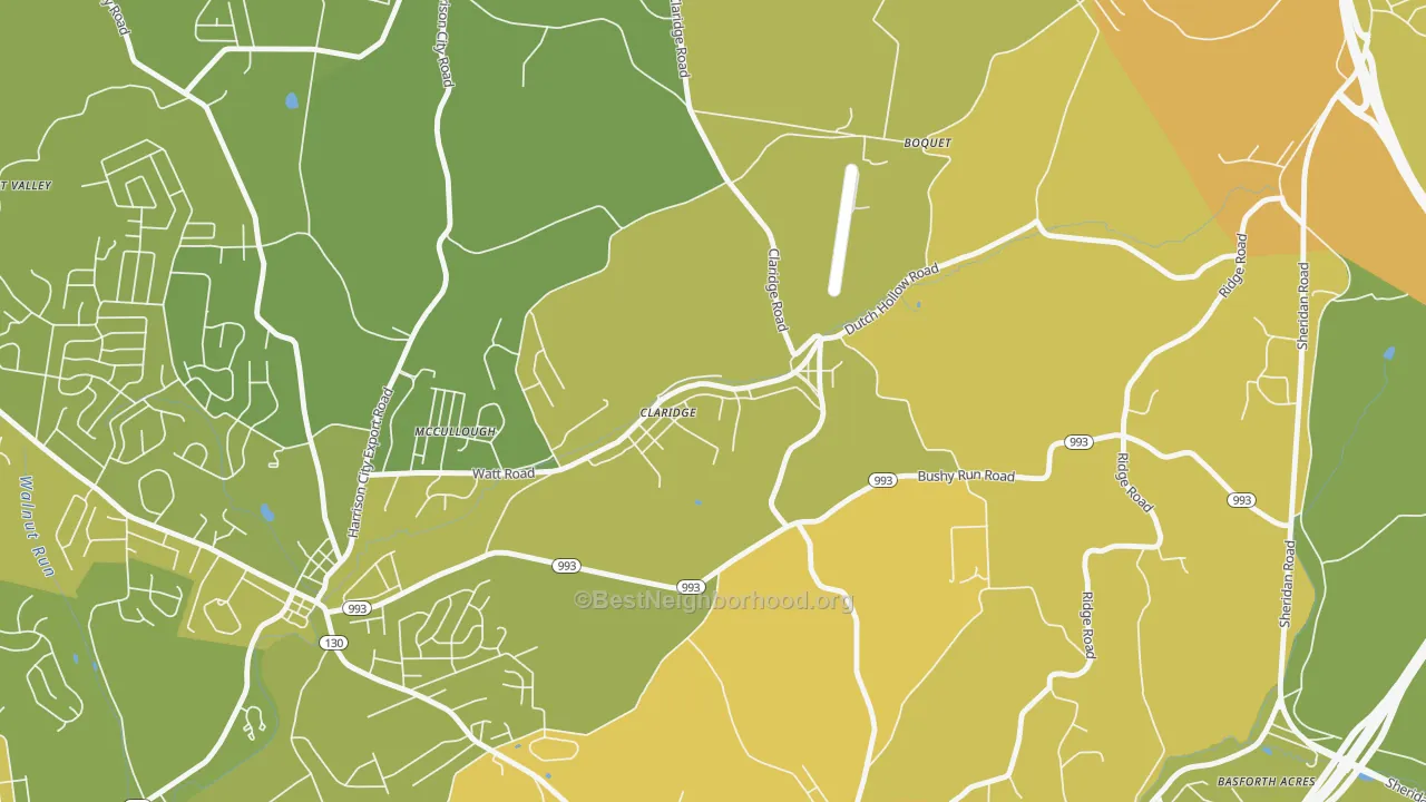 Map of the best neighborhoods in the 15623 area, with better matches in green and worse matches in red
