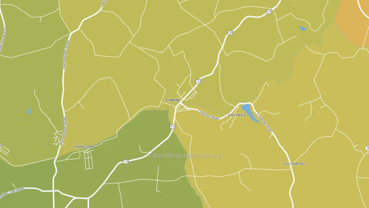 Map of the best neighborhoods in the 15624 area, with better matches in green and worse matches in red