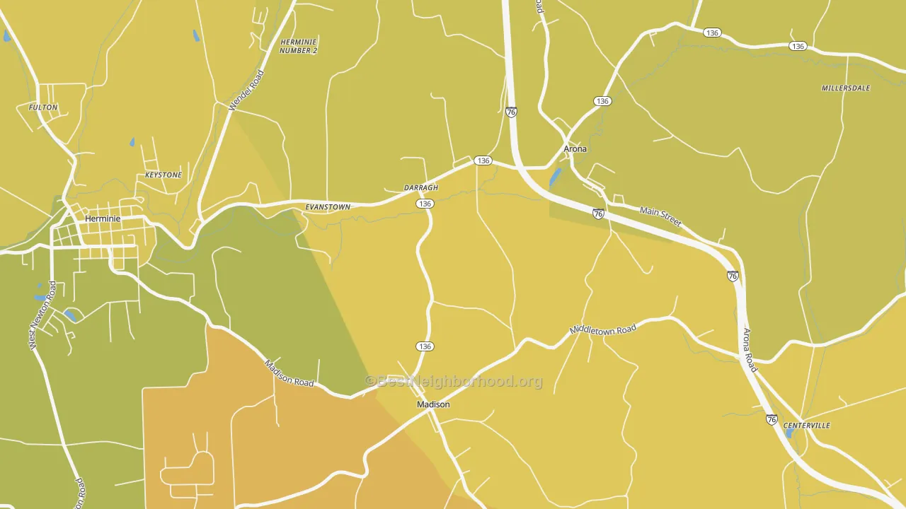 Map of the best neighborhoods in the 15625 area, with better matches in green and worse matches in red