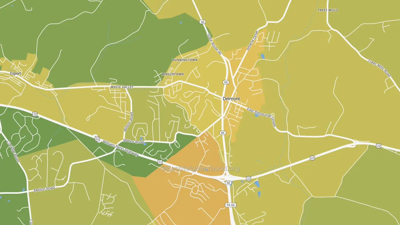 Map of the best neighborhoods in the 15626 area, with better matches in green and worse matches in red