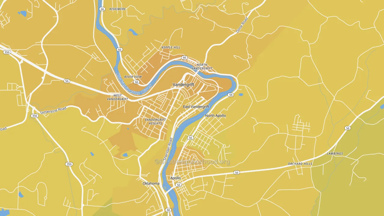 Map of the best neighborhoods in the 15629 area, with better matches in green and worse matches in red