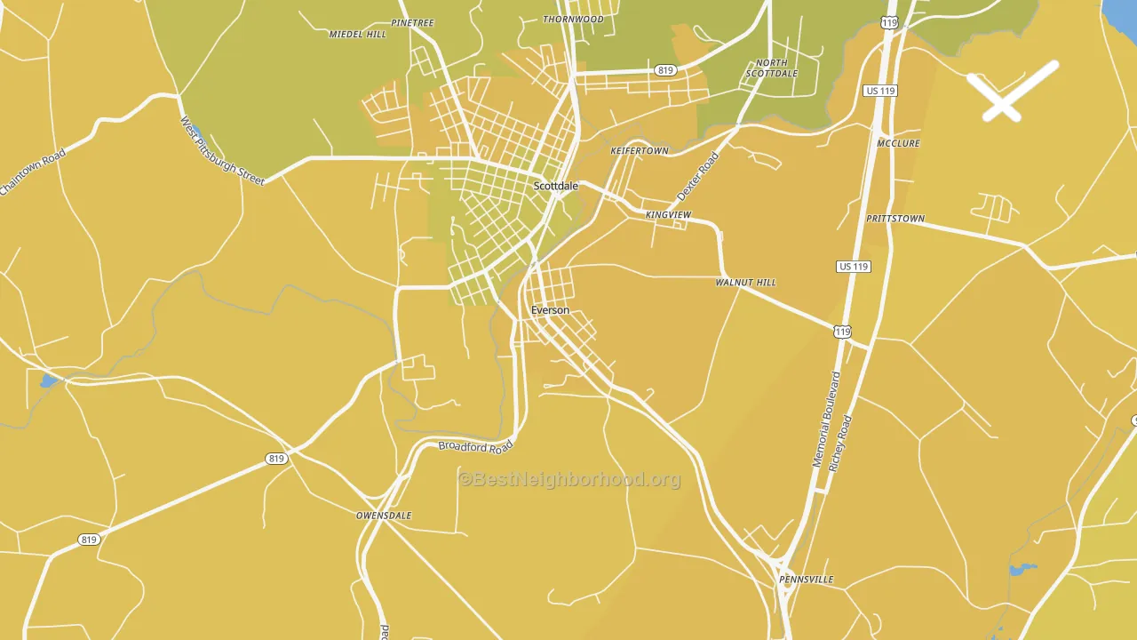 Map of the best neighborhoods in the 15631 area, with better matches in green and worse matches in red