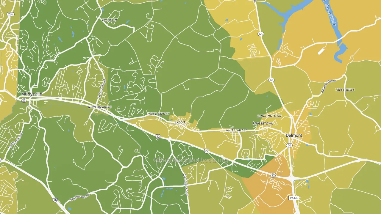 Map of the best neighborhoods in the 15632 area, with better matches in green and worse matches in red