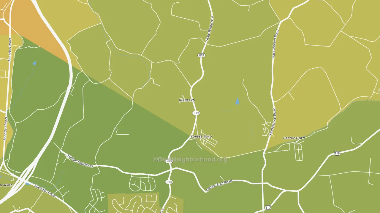 Map of the best neighborhoods in the 15633 area, with better matches in green and worse matches in red