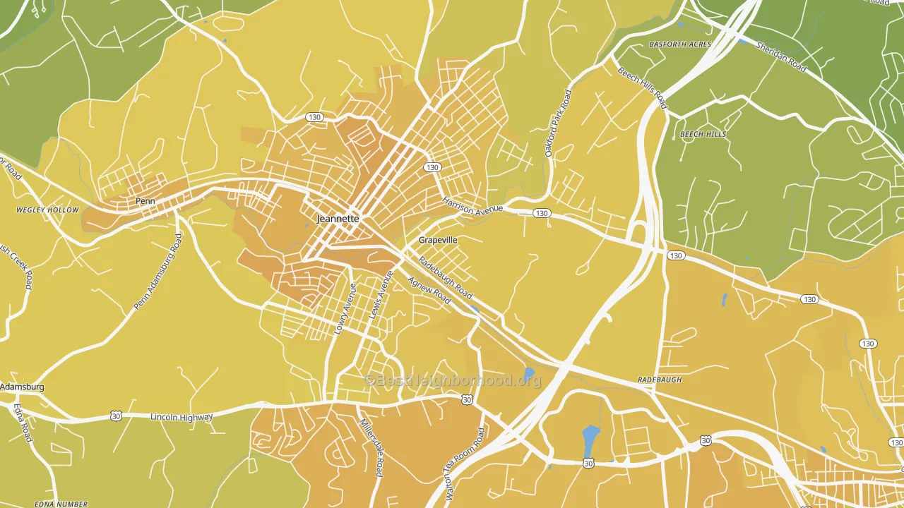Map of the best neighborhoods in the 15634 area, with better matches in green and worse matches in red