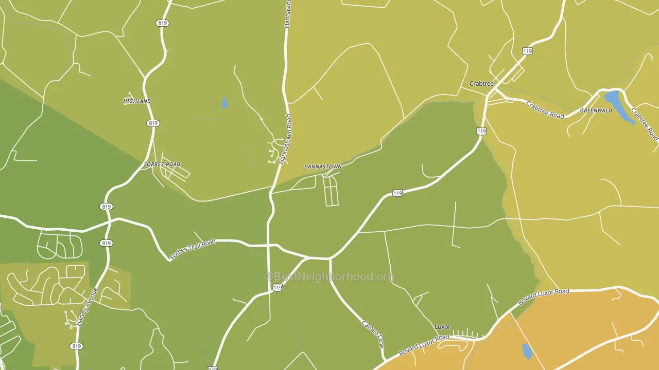Map of the best neighborhoods in the 15635 area, with better matches in green and worse matches in red