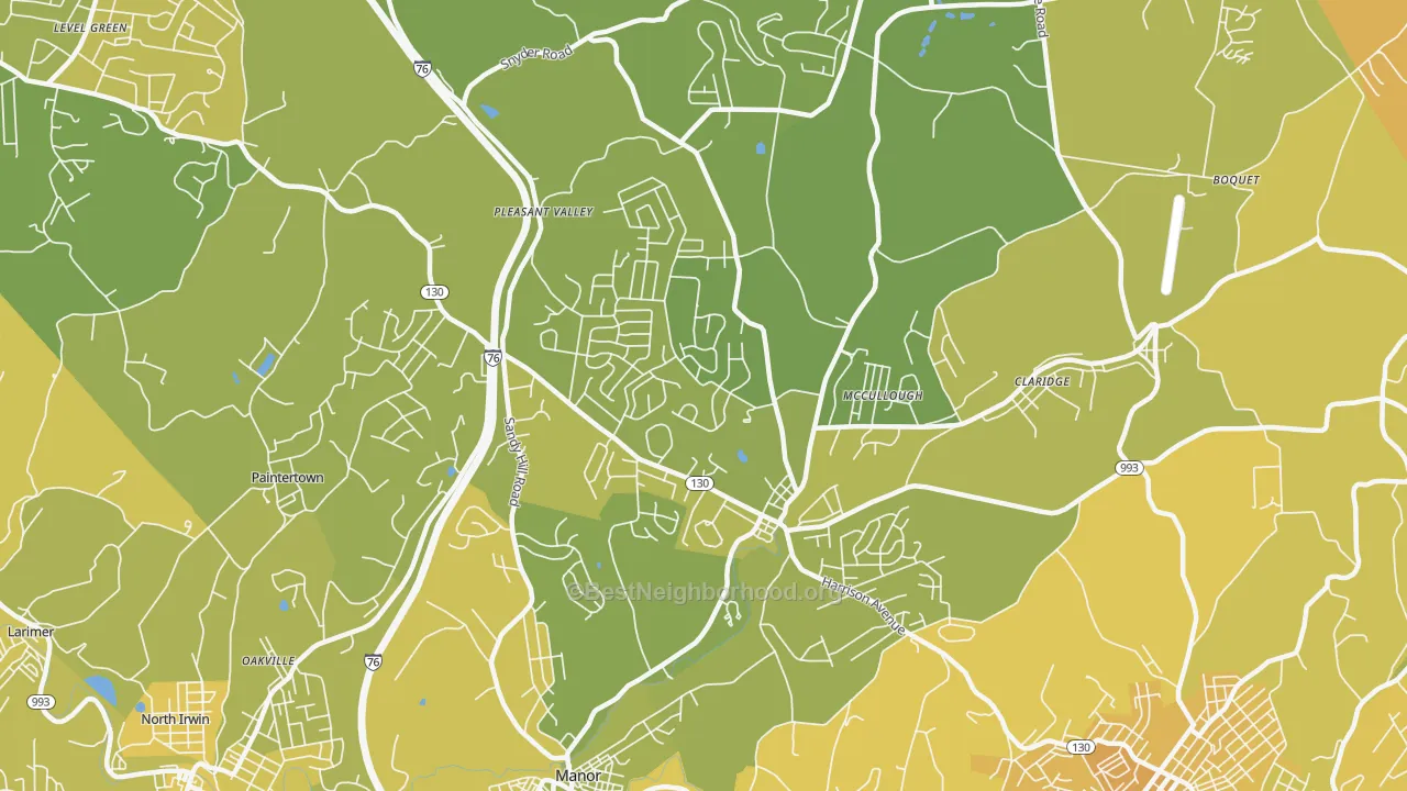 Map of the best neighborhoods in the 15636 area, with better matches in green and worse matches in red