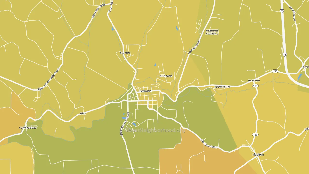 Map of the best neighborhoods in the 15637 area, with better matches in green and worse matches in red