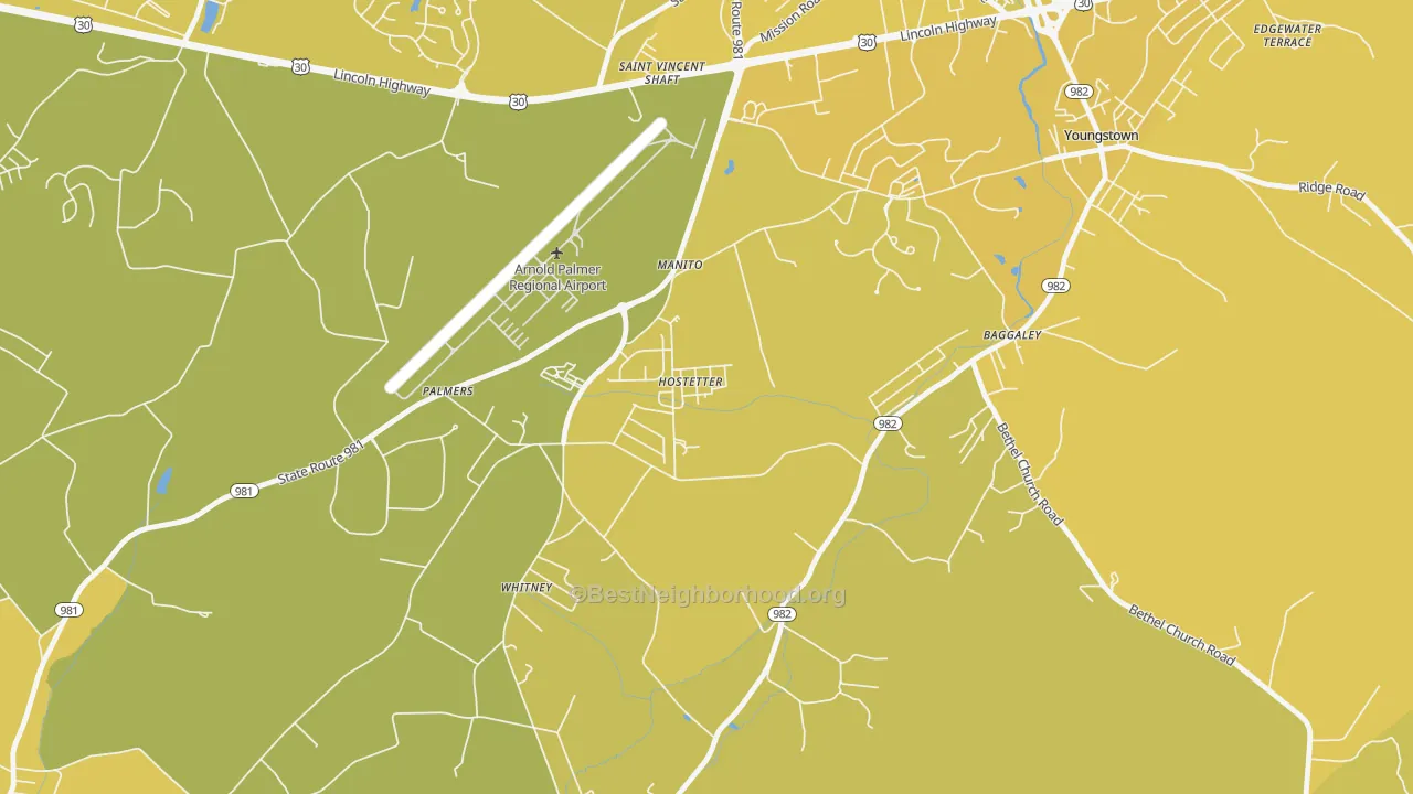 Map of the best neighborhoods in the 15638 area, with better matches in green and worse matches in red