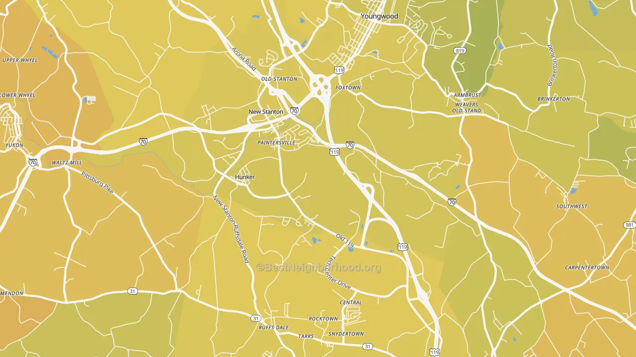 Map of the best neighborhoods in the 15639 area, with better matches in green and worse matches in red
