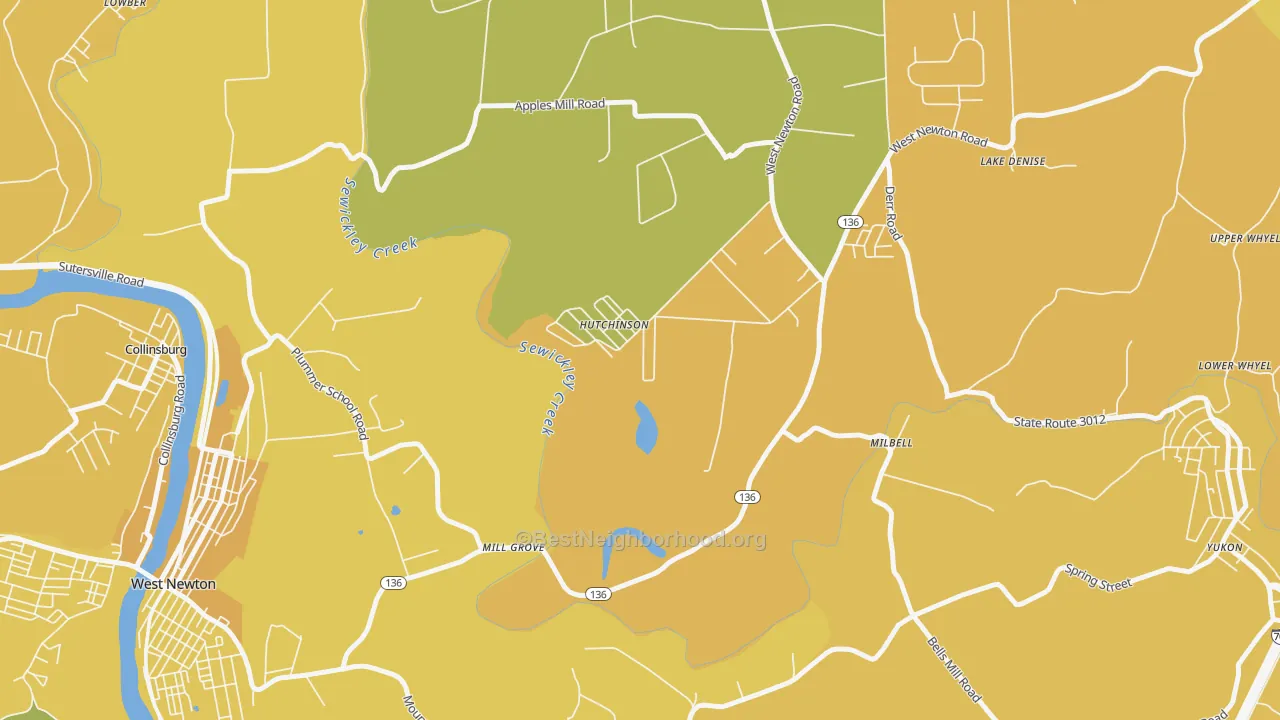 Map of the best neighborhoods in the 15640 area, with better matches in green and worse matches in red