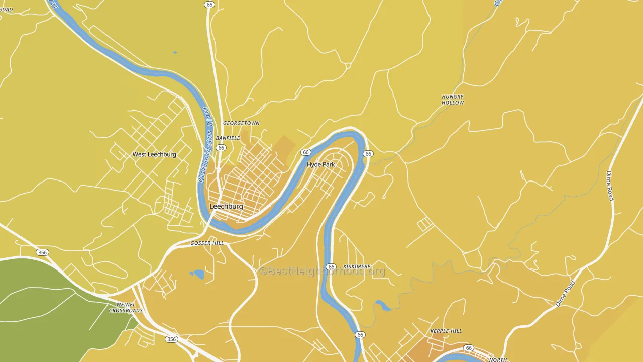Map of the best neighborhoods in the 15641 area, with better matches in green and worse matches in red
