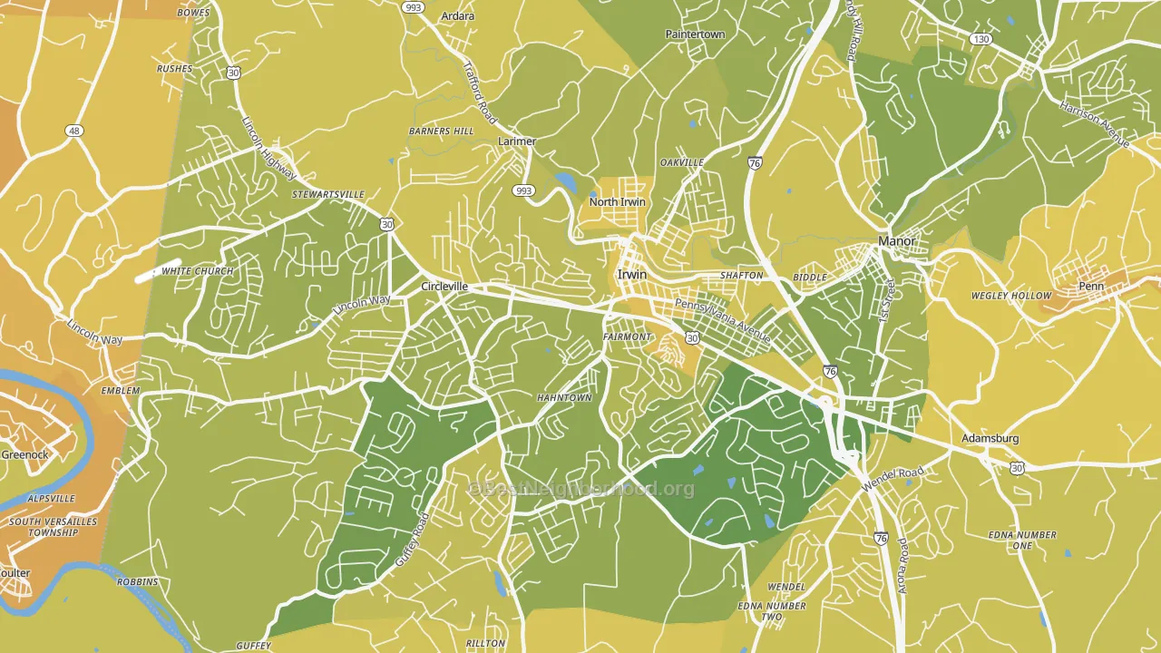 Map of the best neighborhoods in the 15642 area, with better matches in green and worse matches in red