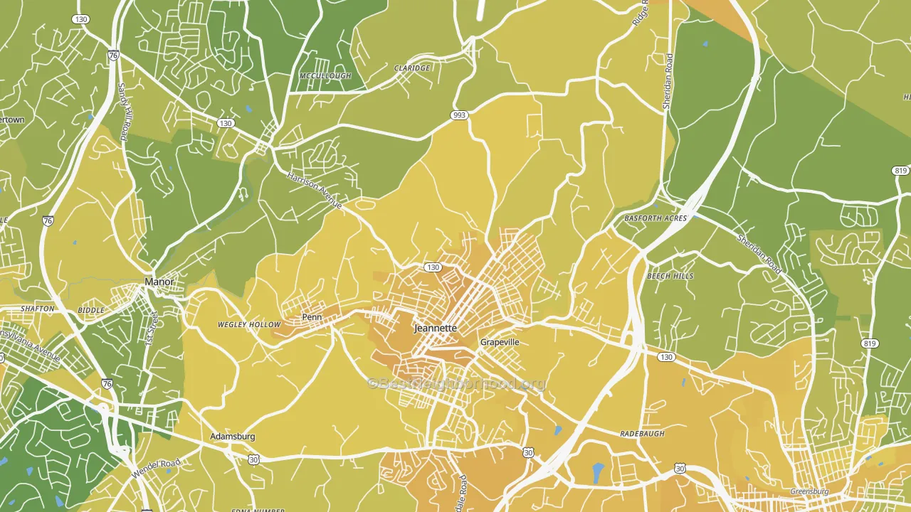 Map of the best neighborhoods in the 15644 area, with better matches in green and worse matches in red