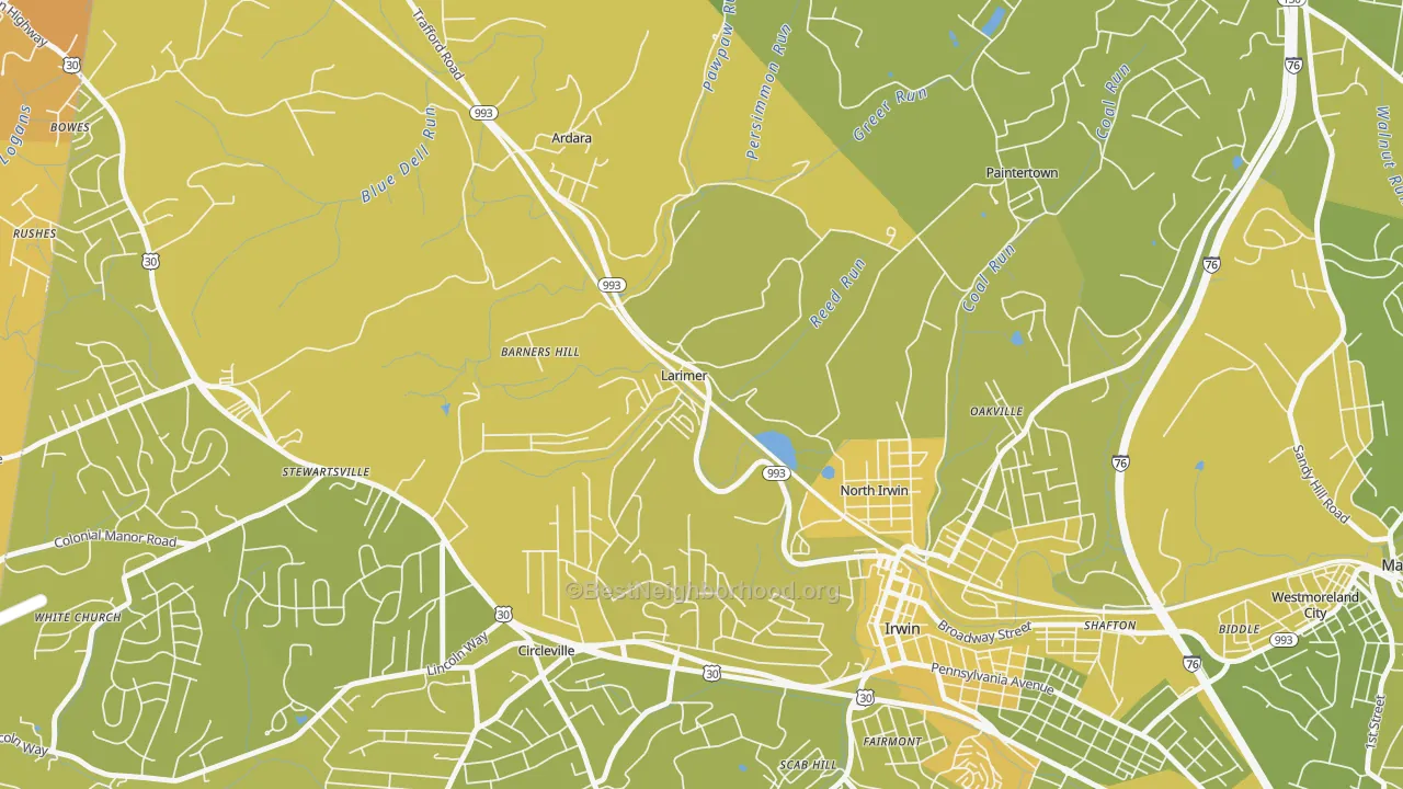 Map of the best neighborhoods in the 15647 area, with better matches in green and worse matches in red